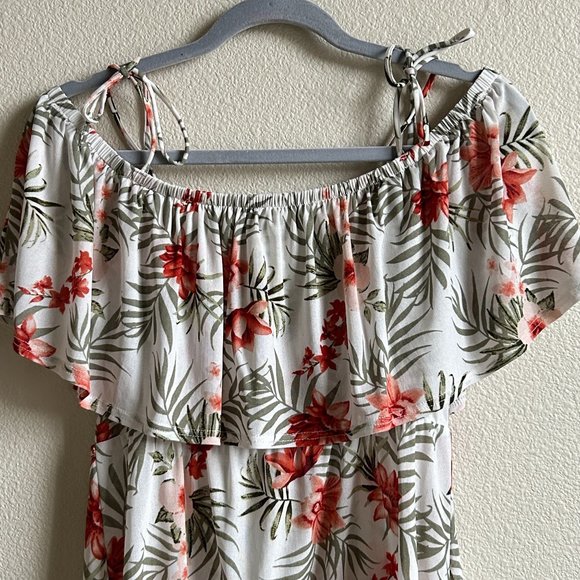 Siren Lily Maternity‎ Blouse Top Off Shoulder Floral Sheer Ruffled Neckline Sz M - Picture 3 of 15